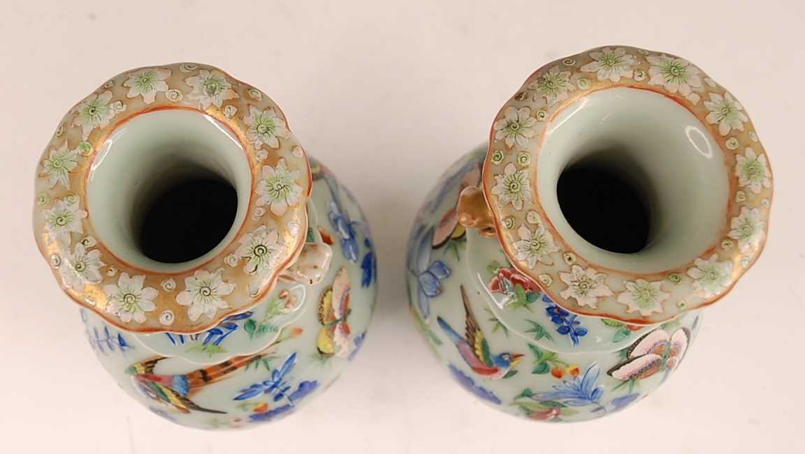 A pair of 19th century Chinese stoneware celadon ground vases, each enamel decorated with exotic - Image 5 of 24