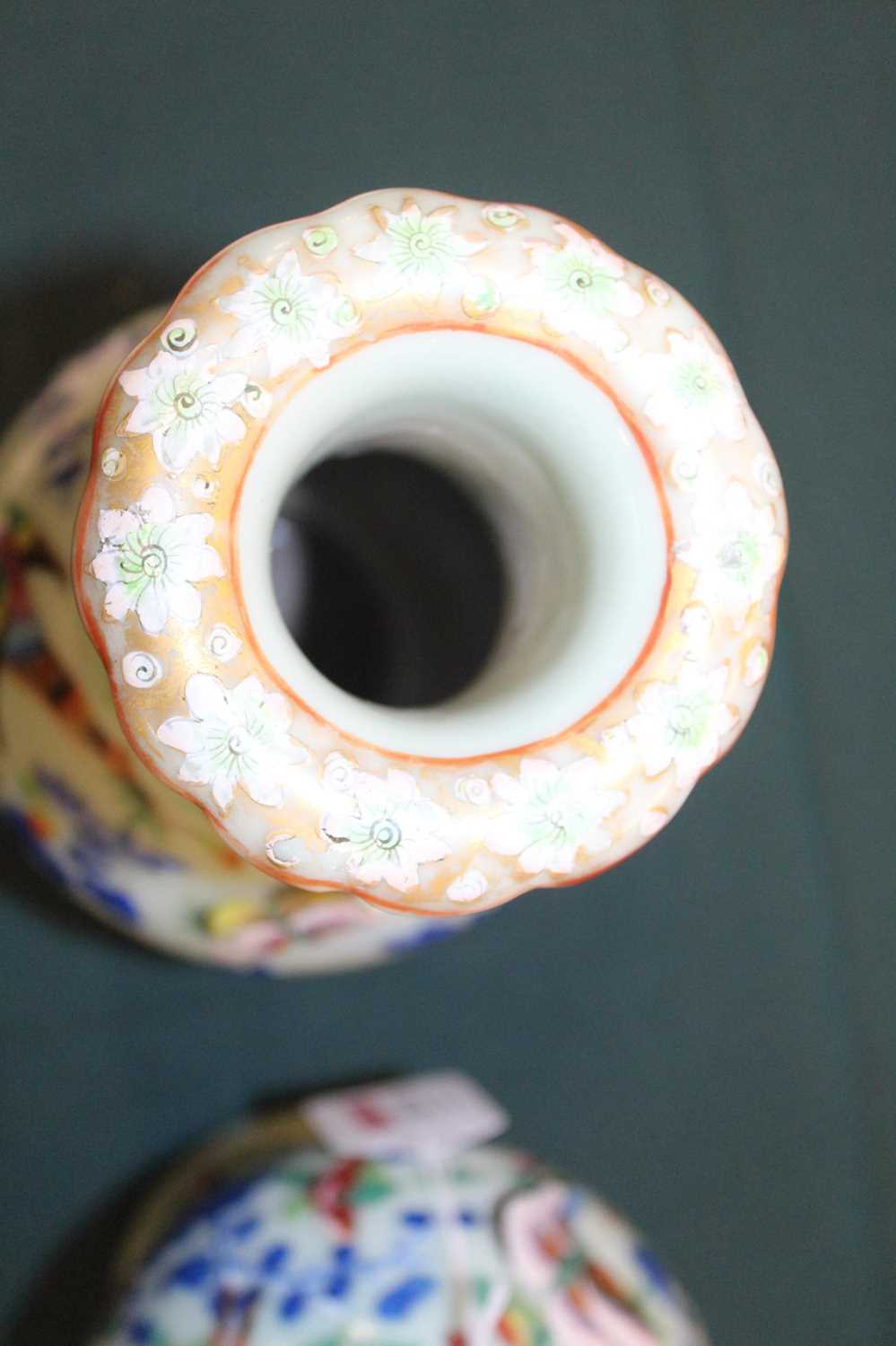 A pair of 19th century Chinese stoneware celadon ground vases, each enamel decorated with exotic - Image 15 of 24