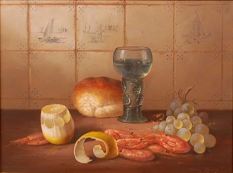 Brian Davies (1942-2004) - Still life with shrimps, lemon and grapes, oil on canvas, signed lower