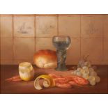 Brian Davies (1942-2004) - Still life with shrimps, lemon and grapes, oil on canvas, signed lower