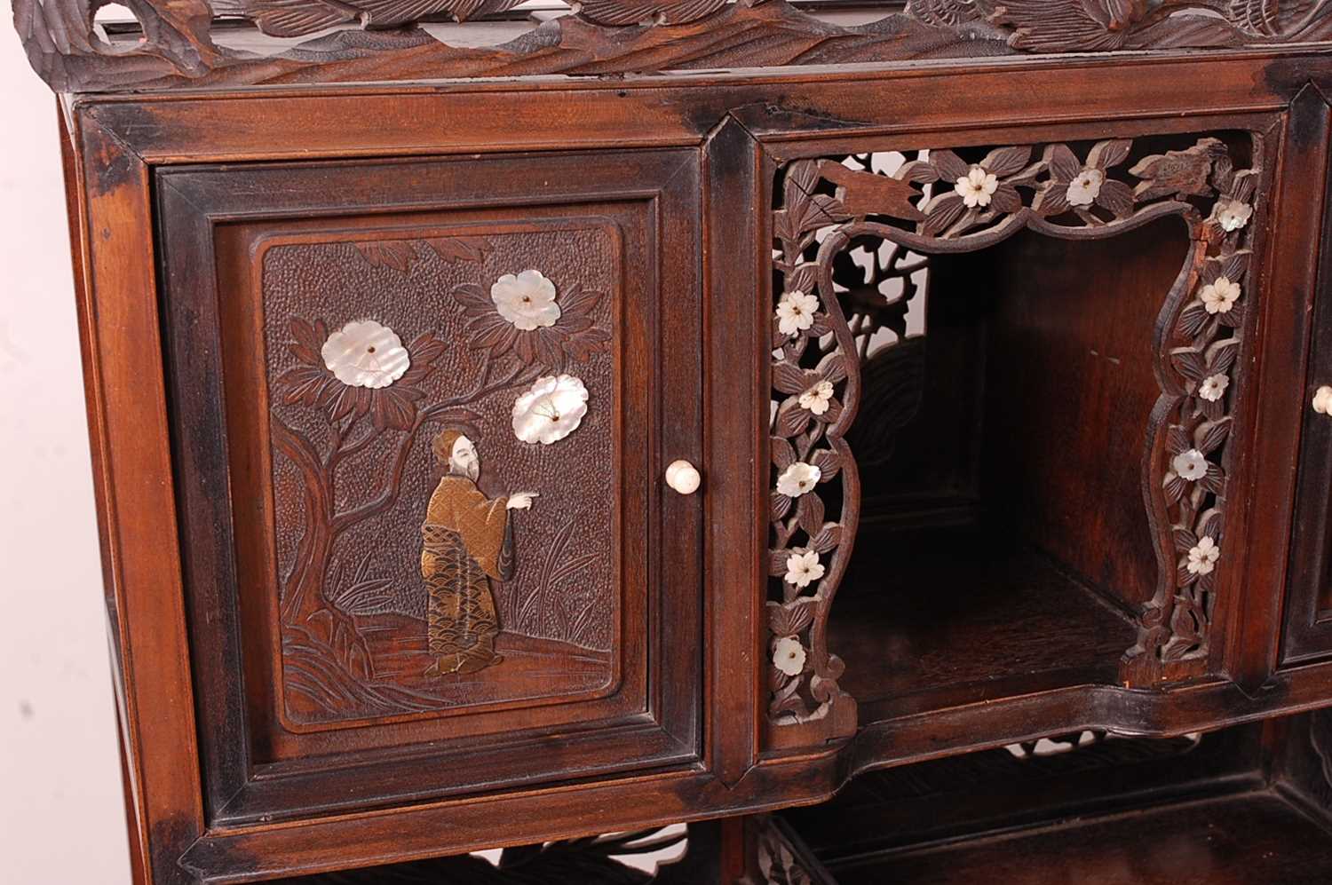 A Japanese Meiji period hardwood Shodana cabinet on stand, arranged as various cupboards and open - Image 4 of 7