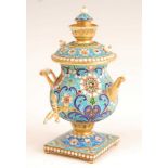 A Russian silver gilt and enamel decorated miniature samovar with cover, impressed 84 mark verso,