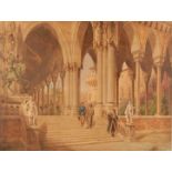 19th century Italian school - Palazzo terrace scene, watercolour, signed with monogram AB and