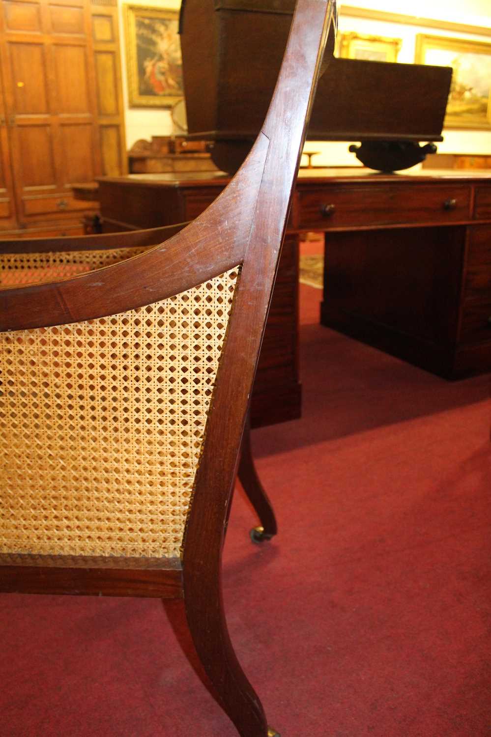 A 19th century mahogany Bergere library chair, having split cane back, side and seat, raised on ring - Image 9 of 10