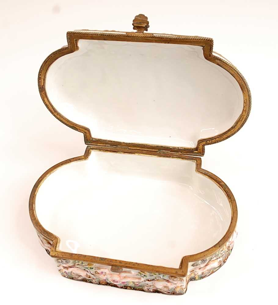 A Naples porcelain casket, having hinged cover and gilt brass mounts, the cover relief decorated - Image 6 of 6