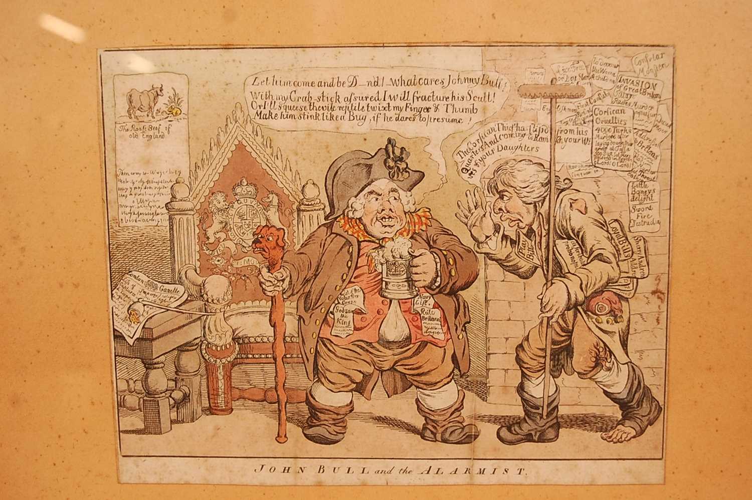 Six late French Revolution era British satirical hand-coloured etchings framed as two triptychs, - Image 8 of 8