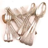 A George IV silver harlequin part cutlery suite, in the Fiddle pattern, comprising four tablespoons,