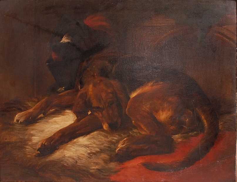 Circle of Edwin Landseer (1802-1873)- Snoozing hound, oil on canvas (re-lined), 70 x 91cm