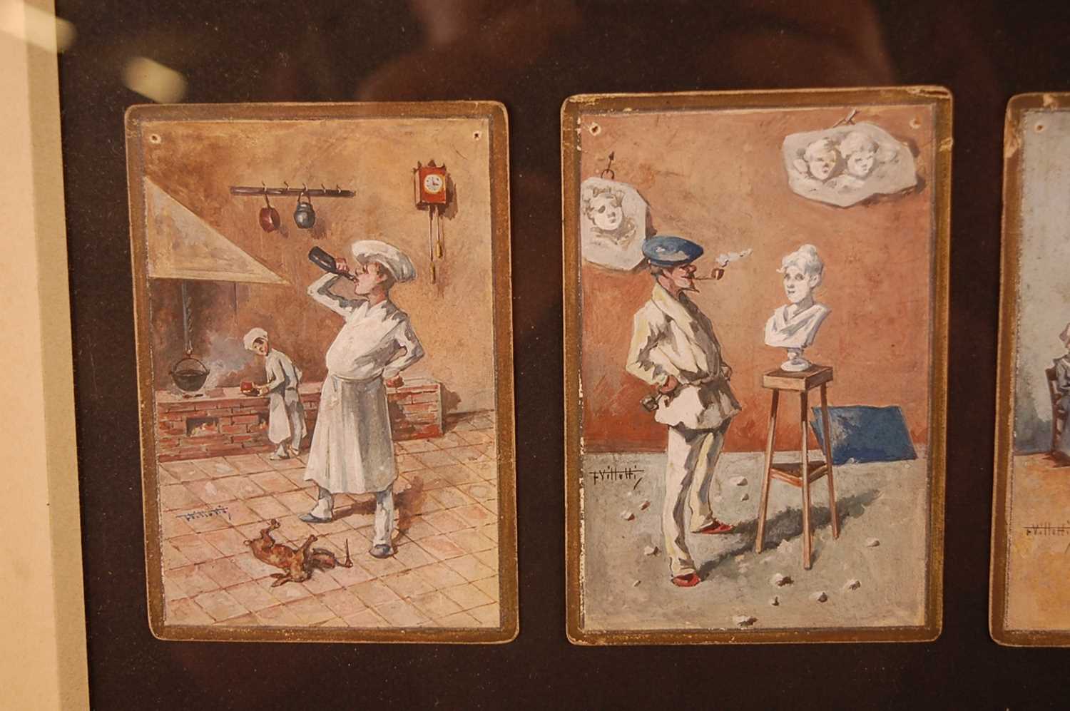 F. Villetti (Italian 19th century) - a set of eighteen humorous watercolours on card, each with gilt - Image 3 of 11