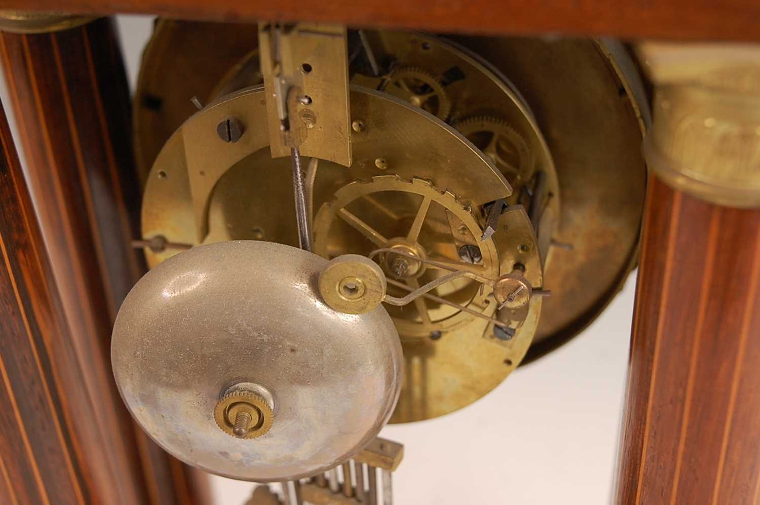 A late 19th century French rosewood and marquetry inlaid portico clock, the unsigned white enamel - Image 5 of 5