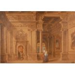 19th century Italian school - Palazzo interior scene, watercolour with traces of body colour, signed