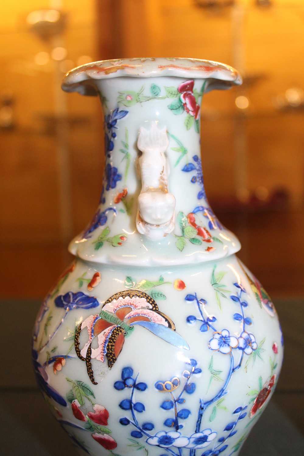 A pair of 19th century Chinese stoneware celadon ground vases, each enamel decorated with exotic - Image 7 of 24