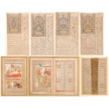A collection of framed Indo-Persian illuminated manuscript pages, probably 19th century, four appear