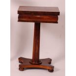 A William IV rosewood pedestal games table, the crossbanded fold-over top opening to reveal both