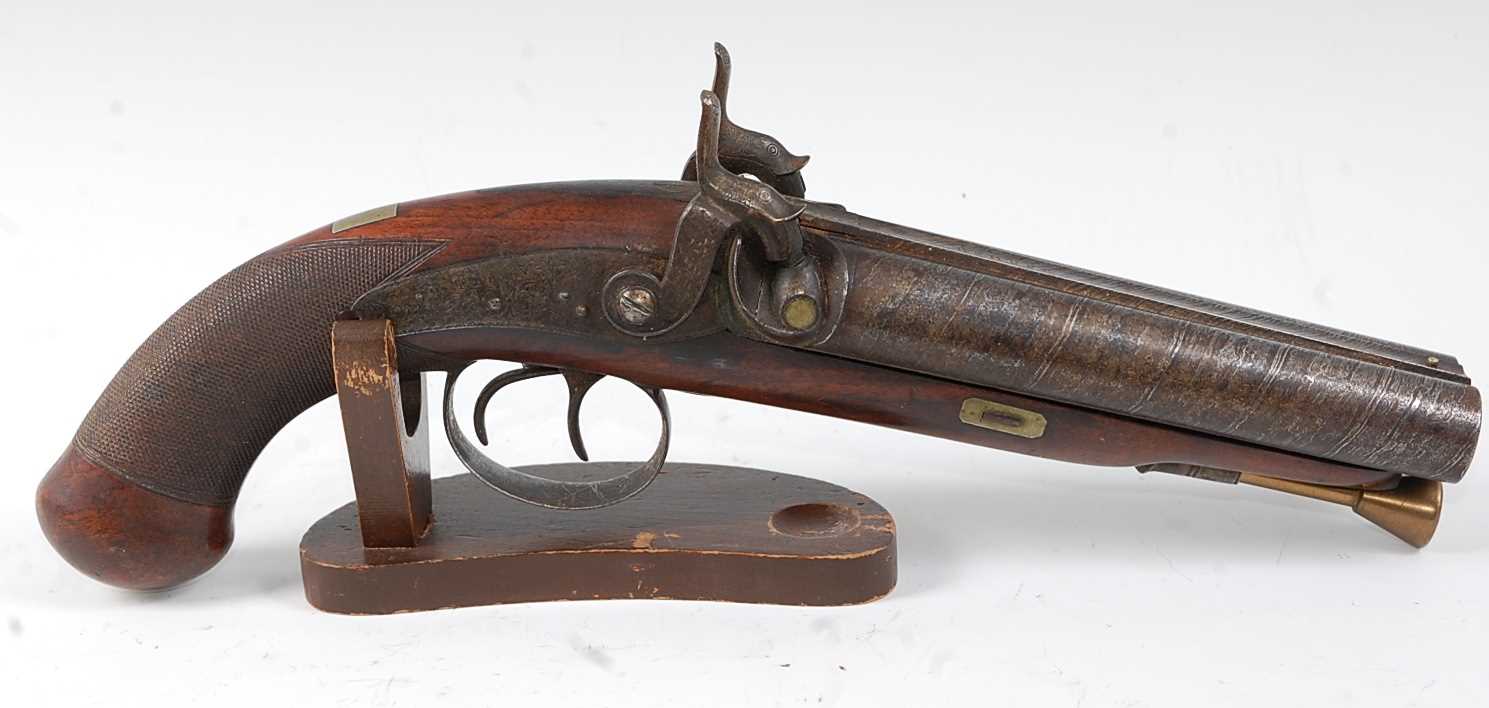 An early 19th century side by side double barrel percussion pistol by Durs Egg, the 15cm Damascus
