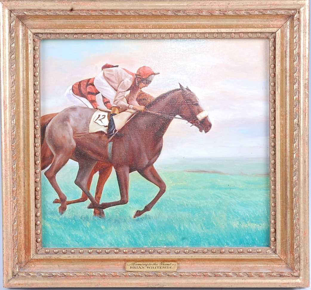 Attributed to Brian Whiteside (b. 1934), Coming to the Front, oil on board, in gilt frame with title