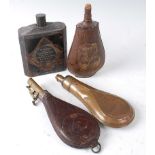 A Victorian shot flask, the leather pear shaped bag embossed with a huntsman with horse and hound,