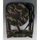 A tubular metal and camouglage folding chair, together with a Flambeau Game & Shell Carrier, a