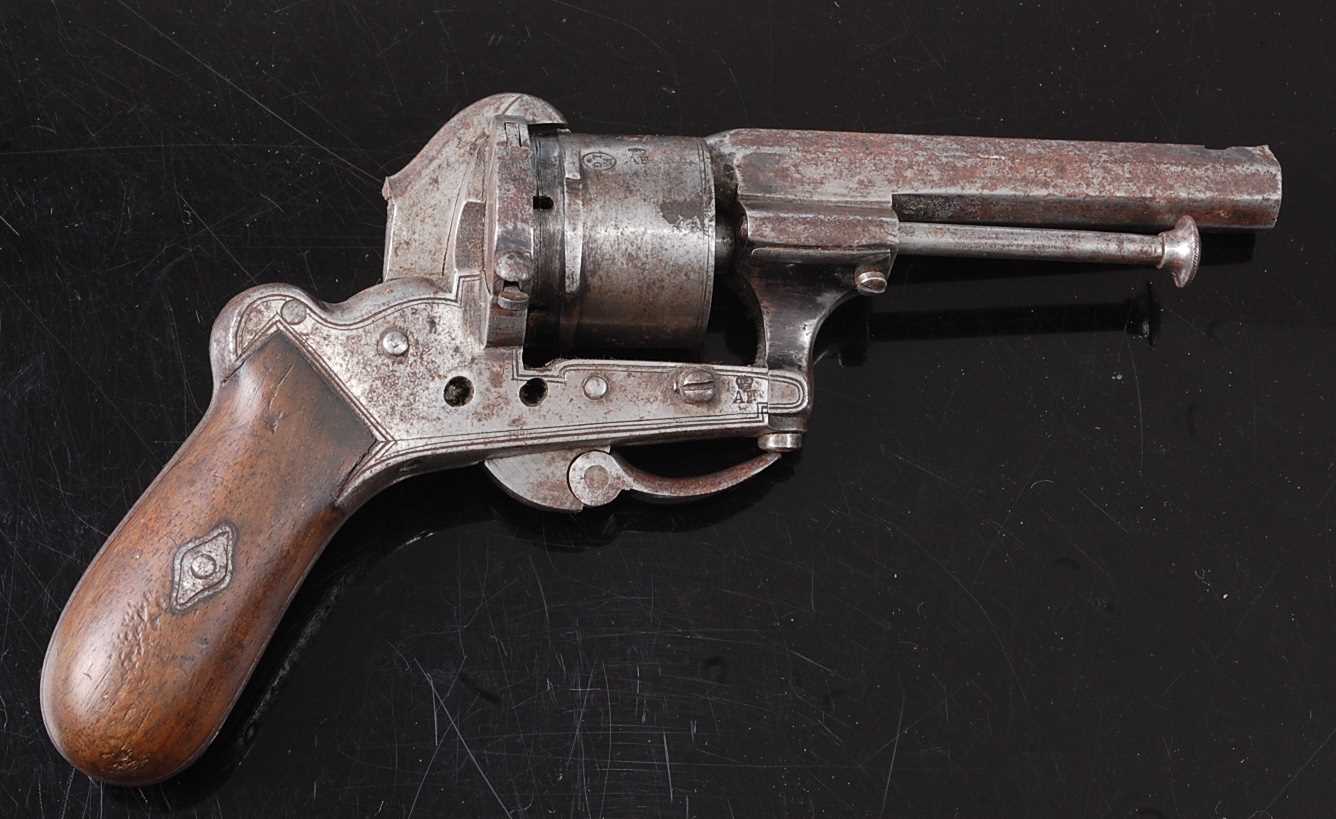 A 19th century Belgian 7mm six shot pin fire revolver, the 8.5cm octagonal barrel marked to the left