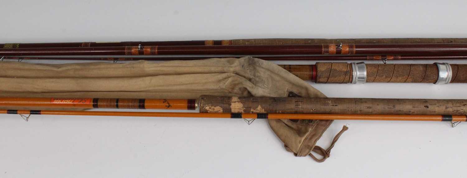 A Milbro 14' 6" three peice rod, together with an Abu Feralite mark 6 Zoom 13' three piece match rod