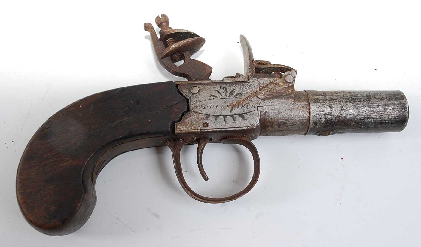 A 19th century flintlock box-lock pocket pistol, having a 4cm turn-off steel barrel, the lock signed - Image 4 of 4