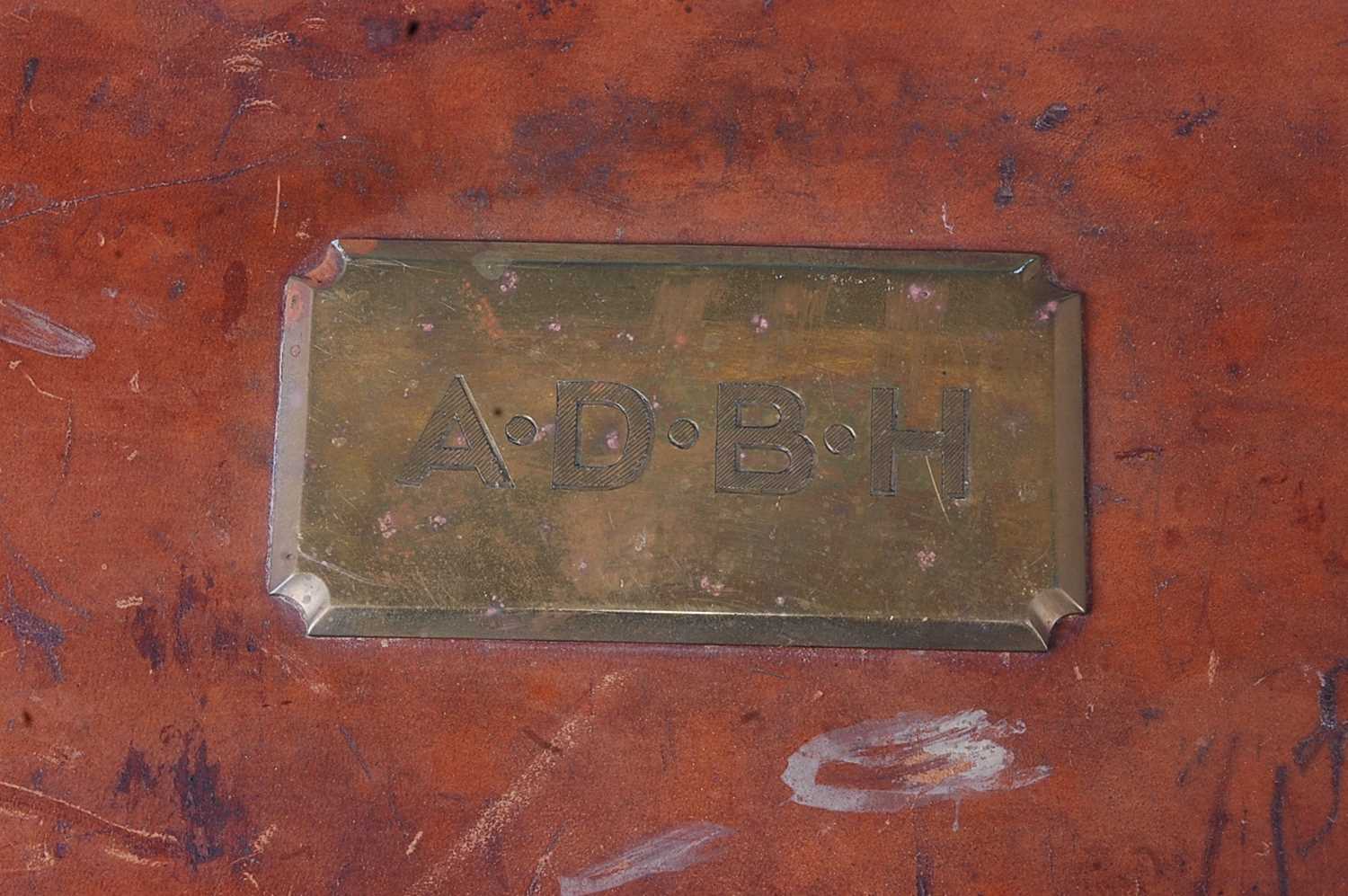 An early 20th century brown leather shotgun case, the lid with a brass plaque initialled A.D.B.H., - Image 2 of 9