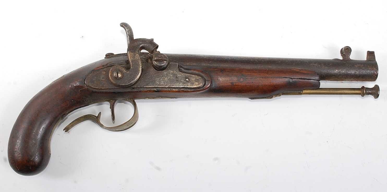 A 19th century English percussion pistol, having a 23cm sighted barrel marked London, with - Image 2 of 8