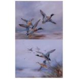 William E. Powell, (1878-1955), Ducks in flight over marshes, watercolour, together with the