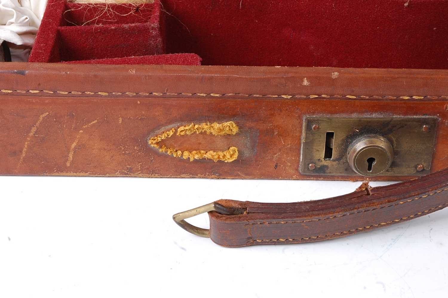 An early 20th century brown leather shotgun case, the lid with a brass plaque initialled A.D.B.H., - Image 4 of 9