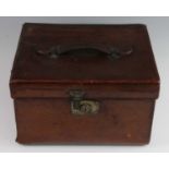 An early 20th century brown stitched leather hunting hat box with brass fittings, w.36, d.30, h.