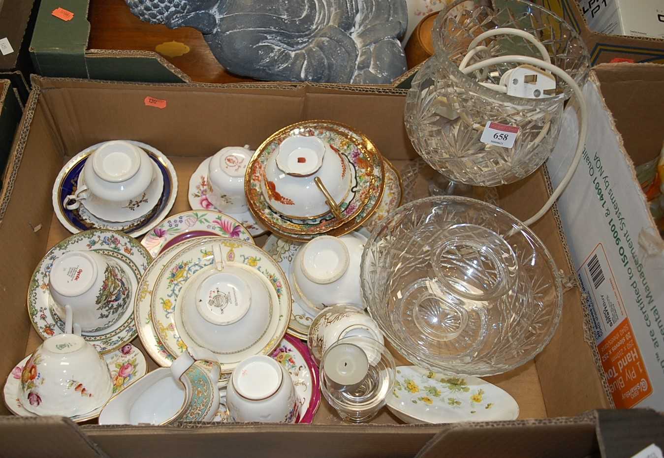 A 20th century cut glass table lamp; together with various teacups and saucers to include Spode