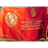 A Soviet era Russian printed silk propaganda banner, "Under the Marxism Leninism Flag, under the