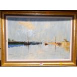 C Kilburn - Boats on the estuary on a sunny day, oil on artists board, signed lower right, 40x60cm