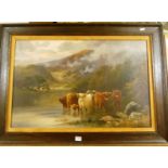 Circa 1900 school - Highland cattle watering, oil on canvas, indistinctly signed lower right,