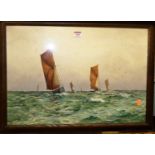 P.A. Beale - Sailing boats off the coastline, watercolour, signed lower right, 38 x 55cm