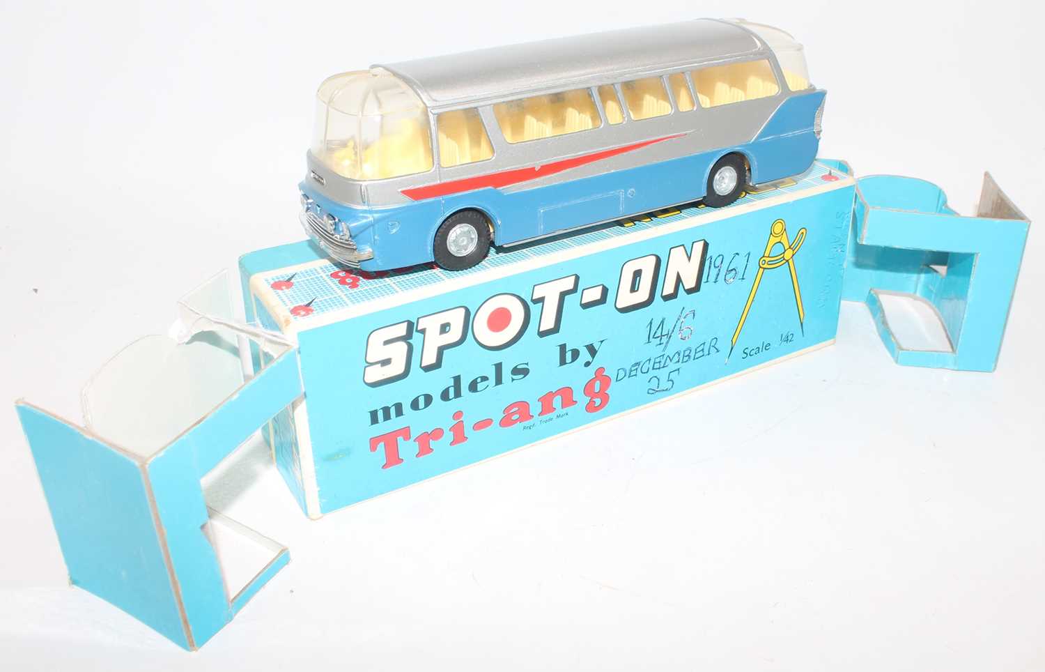 Spot-On No.156 Mulliner Coach: silver, metallic light blue, red side flashes (one small chip to