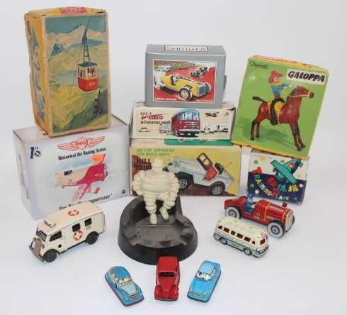 Collection of mixed tinplate, diecast, and plastic toys to include Marx Hill Climbing Jeep,