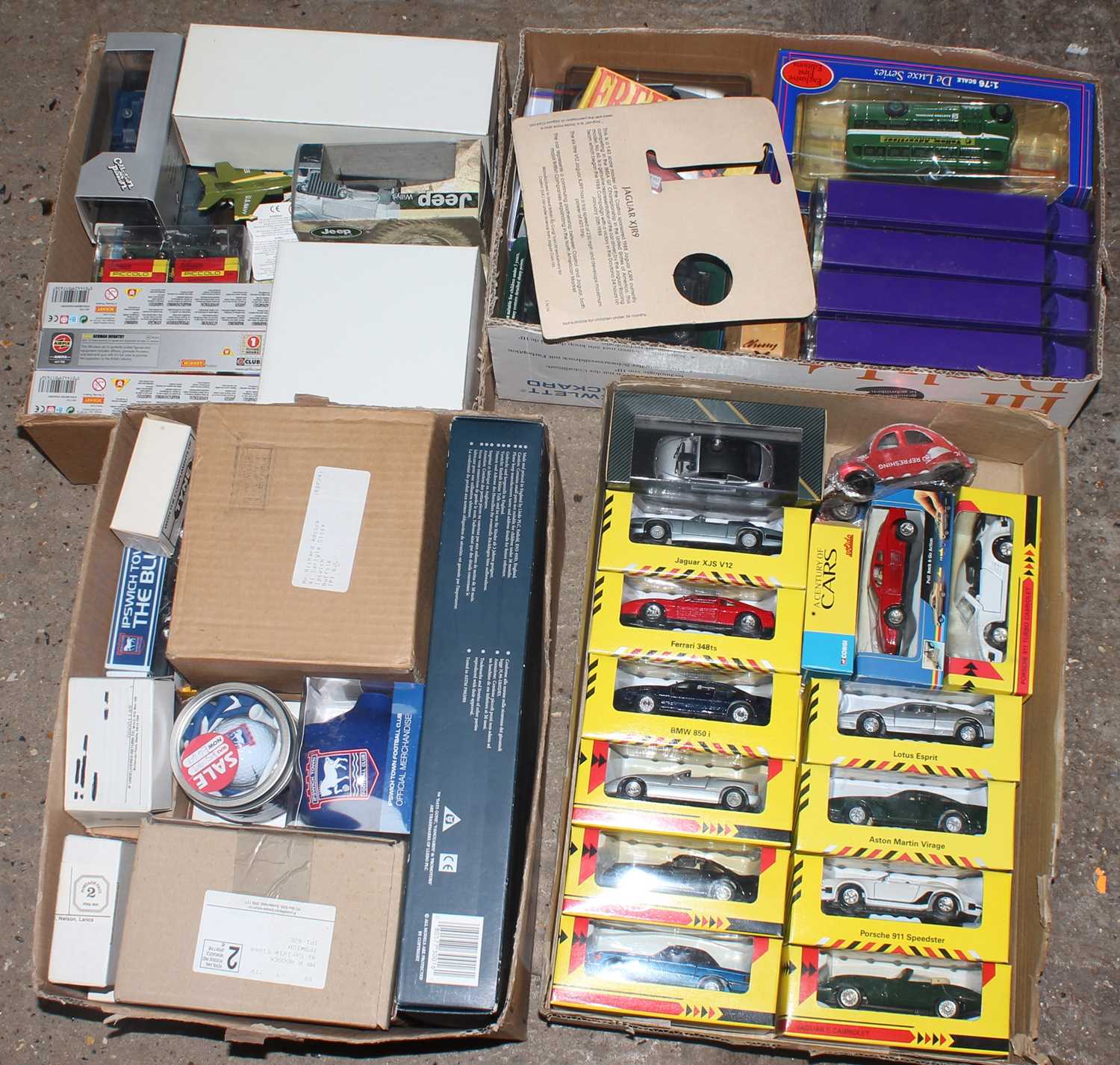 Four boxes containing a quantity of mixed modern issue diecast, plastic kits and accessories,