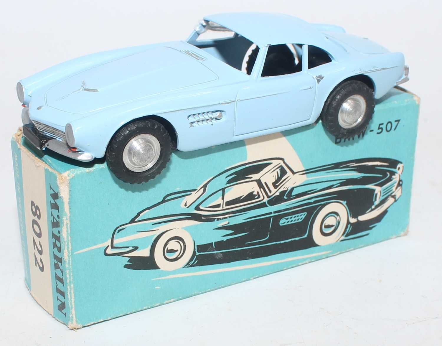 Marklin No.8022 model of a BMW 507 in pale blue with spun hubs and silver detailing, in the original