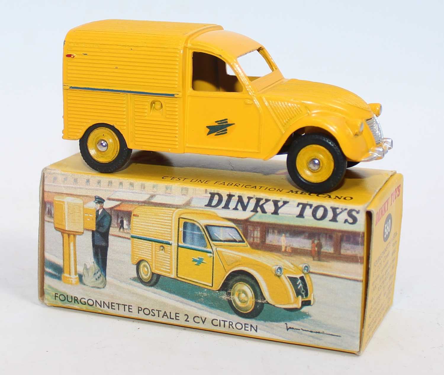 French Dinky Toys No.560 Citroën 2CV Postale van, finished in yellow and blue with yellow hubs and - Image 2 of 2