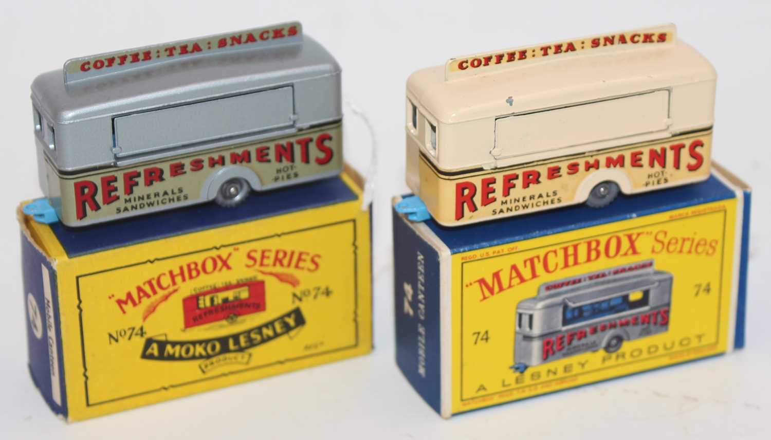 Matchbox group of 2 Regular Wheels 74a Mobile "Refreshments" Canteen as follows: deep cream body,