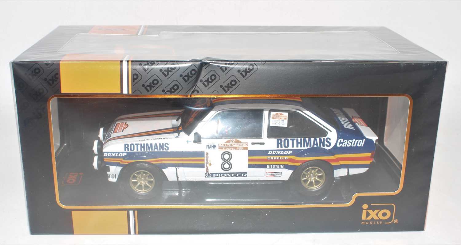 An Ixo Models model No.18RMC037B 1/18 scale diecast model of a Ford Escort Mk2 RS 1800 1980 rally