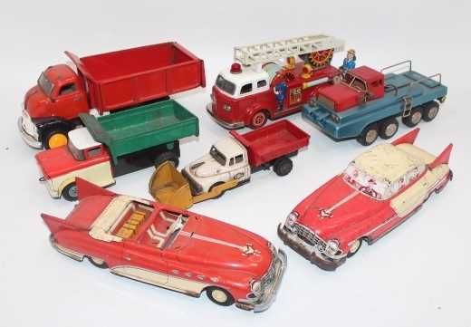 7 various loose tinplate vehicles to include ATC of Japan Tipper Truck, Yoshiya Tinplate Fire