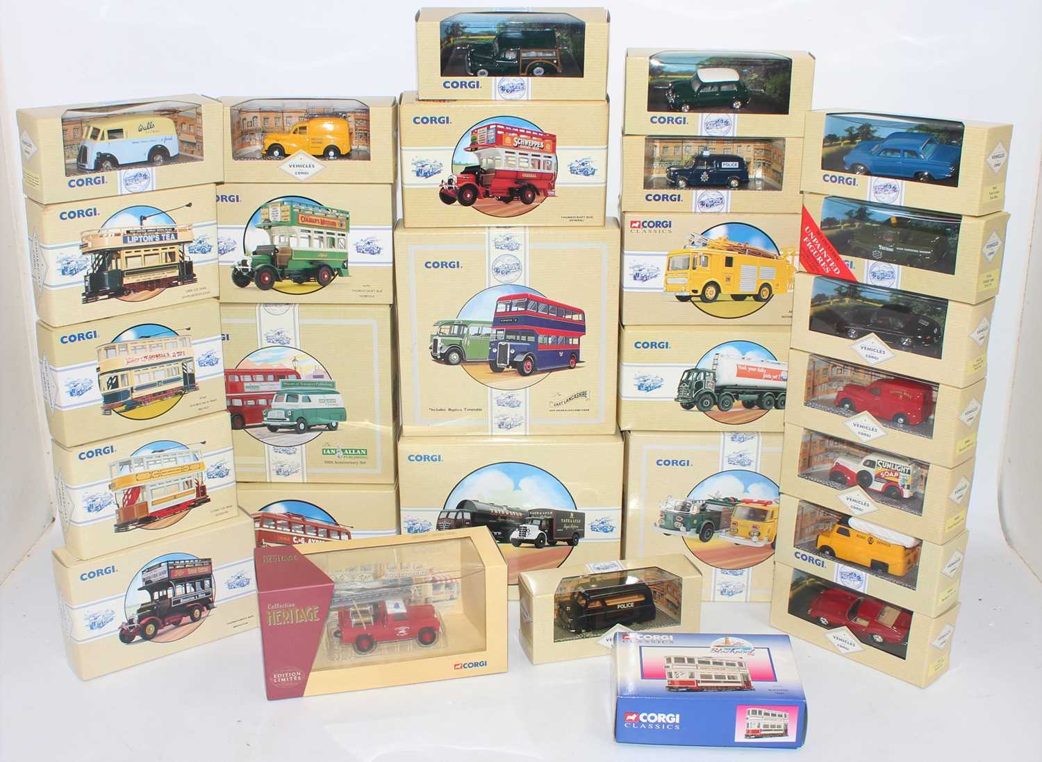 Two boxes containing a quantity of mixed modern issue Corgi Classics and public transport diecast,