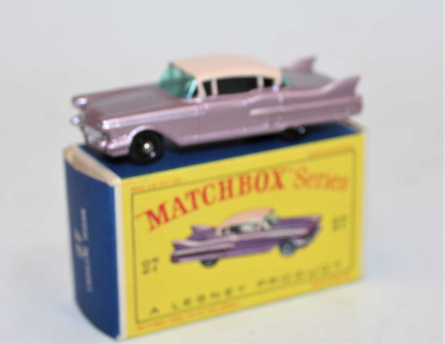 Matchbox Lesney 1-75 series No.27C Cadillac Sedan in metallic lilac body with pink roof and black