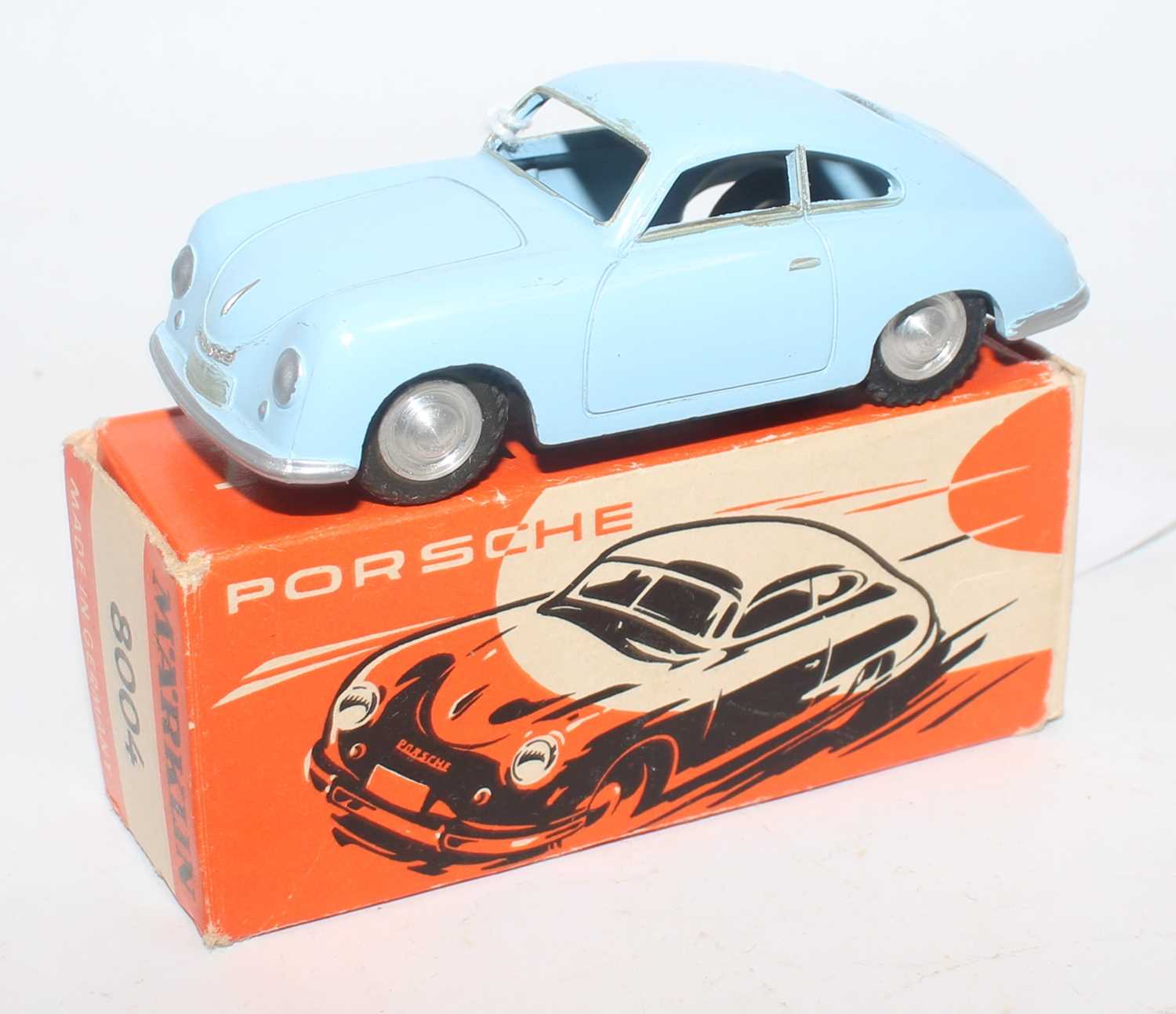 A Marklin No.8004 Porsche 356 saloon in light blue body with silver hubs and silver detailing, in