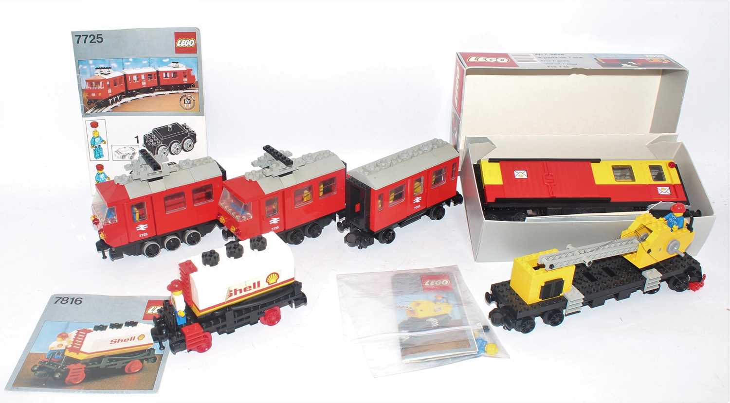 Four various built Lego vintage electric train set rolling stock and locomotives, to include a No.