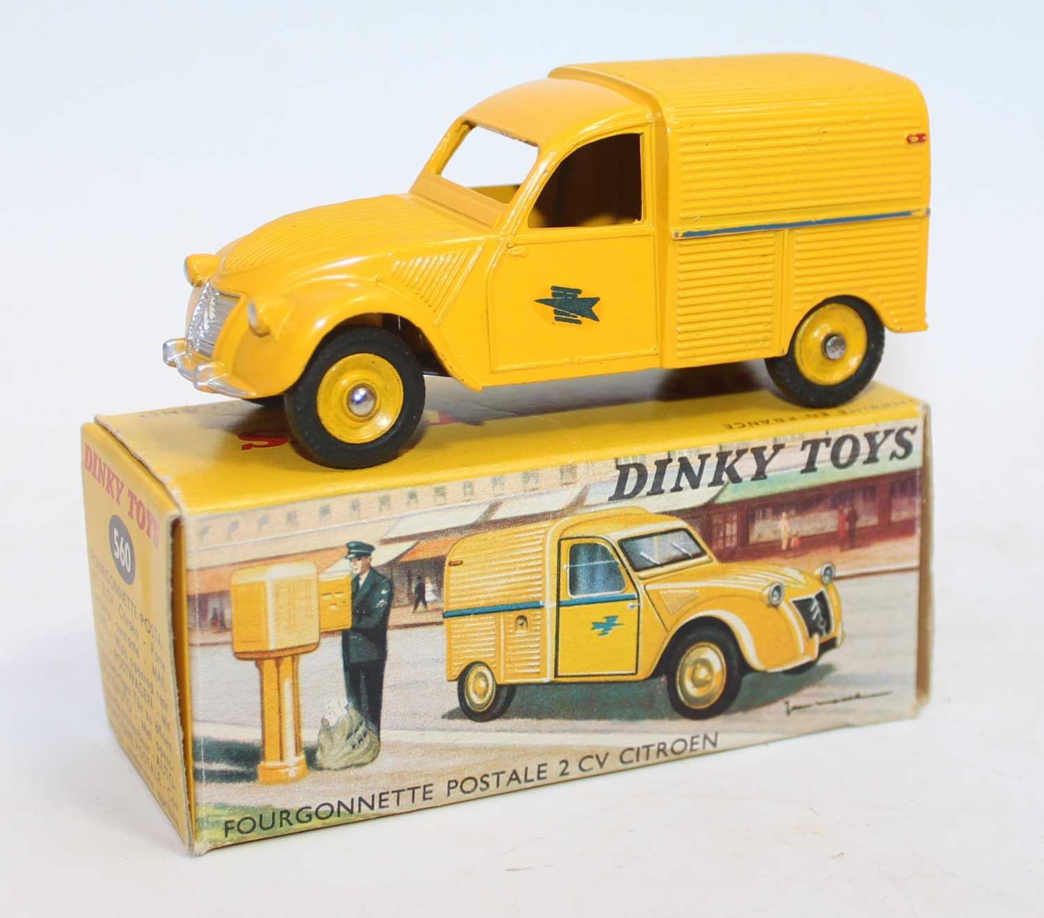 French Dinky Toys No.560 Citroën 2CV Postale van, finished in yellow and blue with yellow hubs and