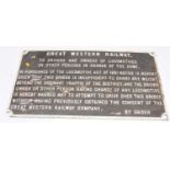 Large Cast Iron Great Western Railway Trespass By Order Notice Sign, white on black