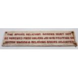 Original Cast Iron Ransomes Rapier Crane Sign, rectangular to read "The Spring Relieving Screws Must